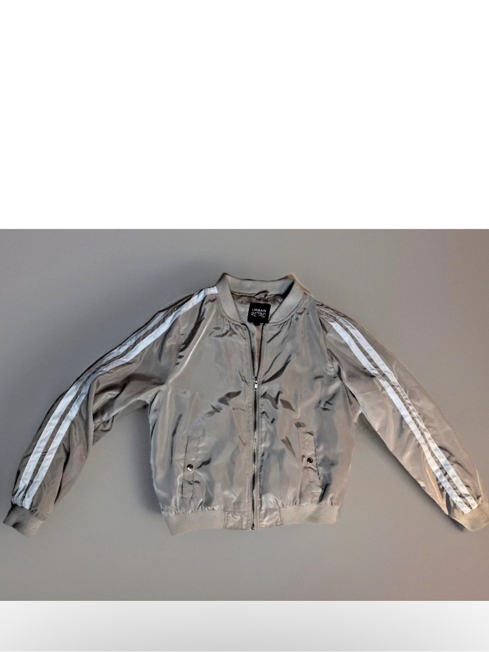 Women’s Lightweight Size L Powdered shiny Bomber Jacket w/White Stripe Sleeves